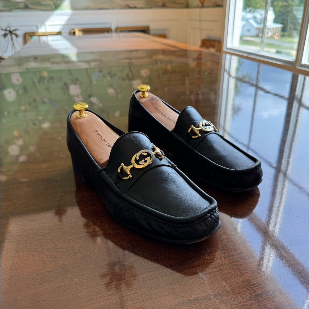 Gucci 10 1/2 black dress shoes with gold buckle